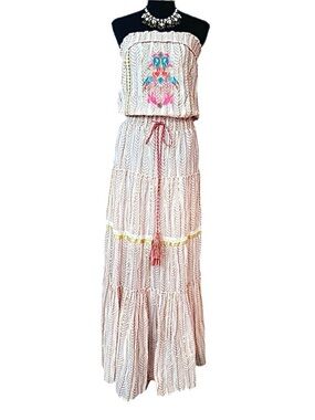 VENUS ~ Creams, Pinks, and Golds Embroidered Lace Glitter Tube Top Maxi Dress